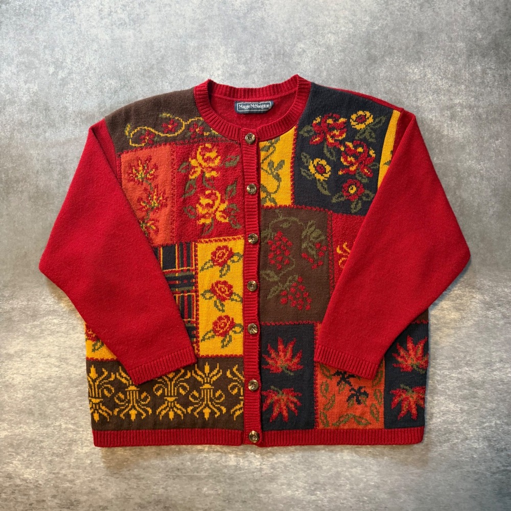 VTG Maggie McNaughton Patchwork Cardigan Sweater Large Red Floral Leaves 90s